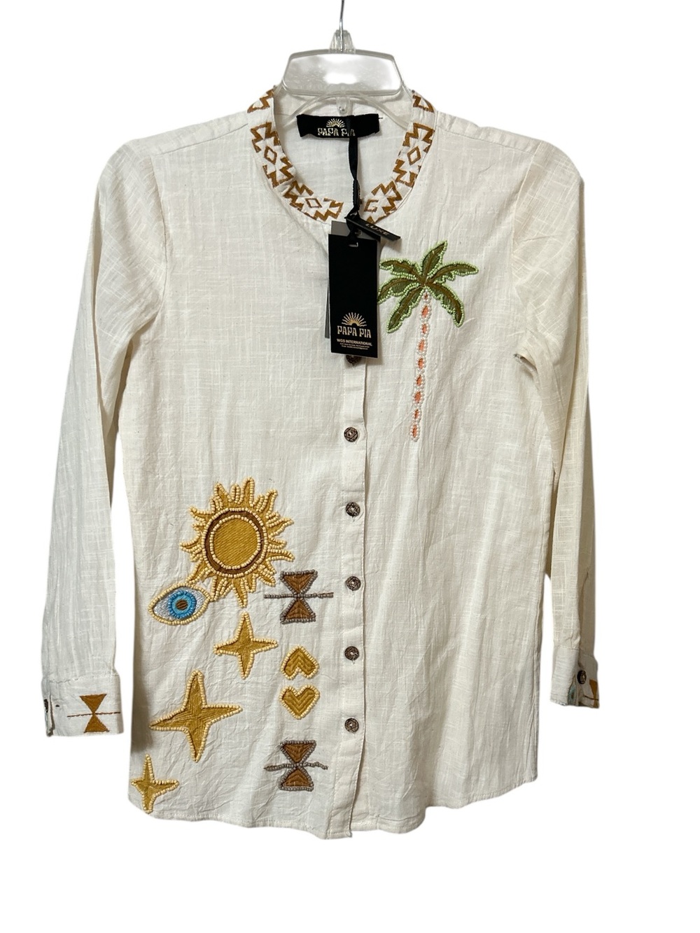 Papa Pia NWT 100% cotton button down shirt women’s size per tag free beaded